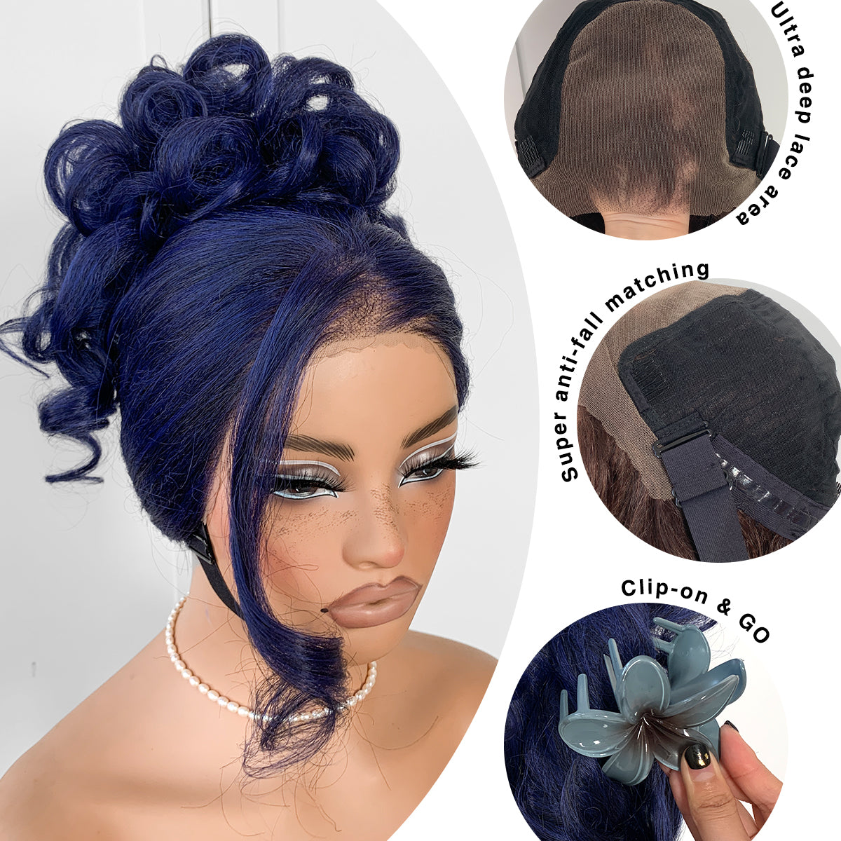 MITIMES 1Wear And Go Blue Lace Wig Pre-Plucked Glueless Yaki Crazy Body Wave Wig Pre-cut Synthetic Dark Blue Balayage HD Lace Front Wig 13x6