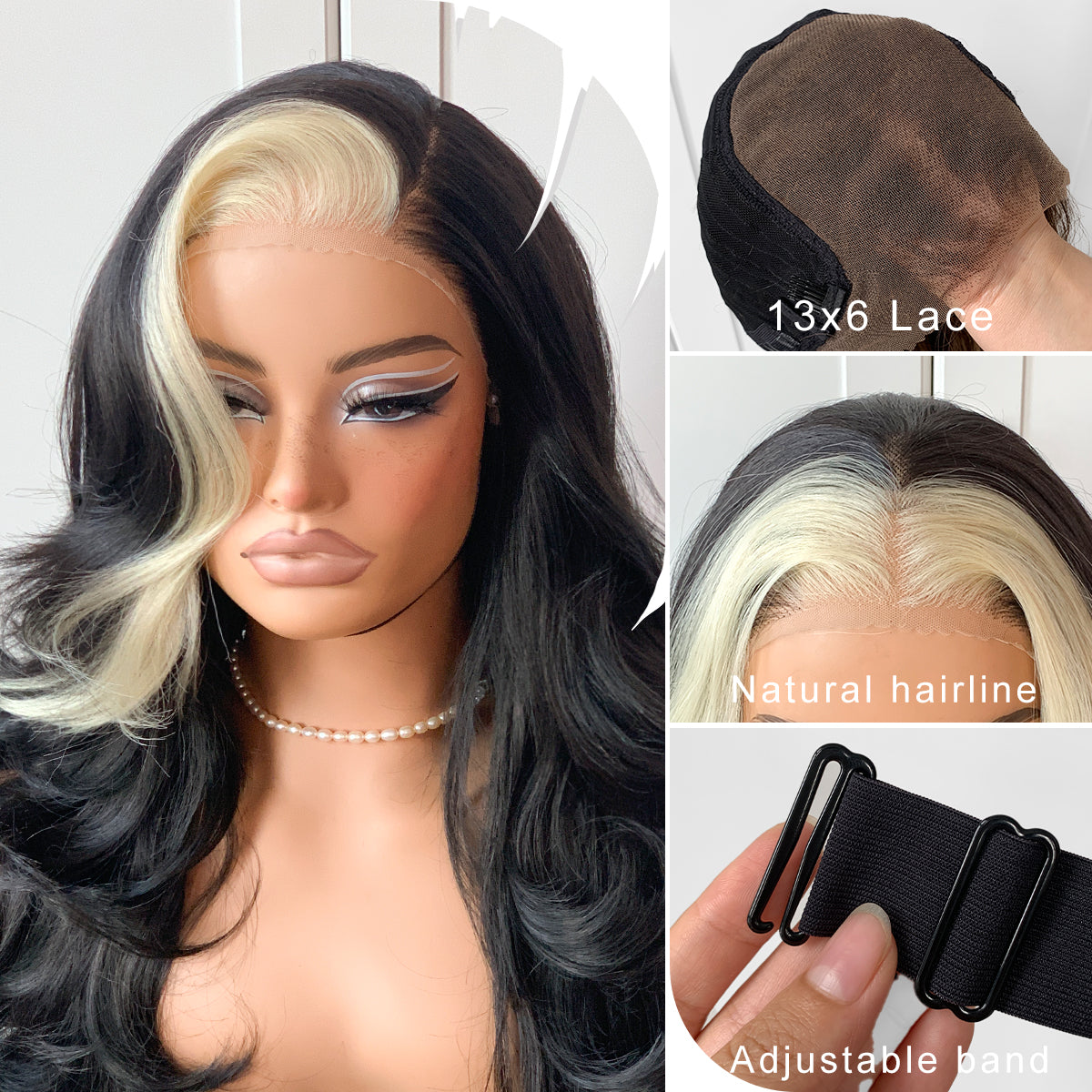 Feather Layered Hair Cuting Style Long 13x6 Synthetic Lace Front Wig Wear and Go Glueless Natural Hairline Skunk Stripe Wig