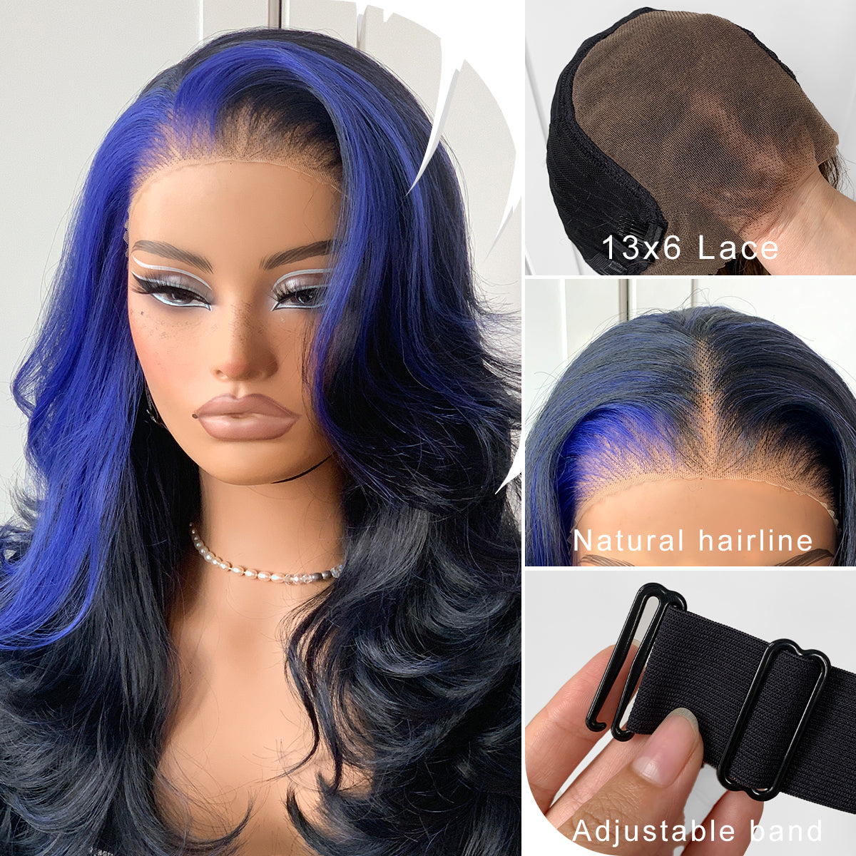 Feather Layered Hair Cuting Style Long 13x6 Synthetic Lace Front Wig Wear and Go Glueless Natural Hairline Blue Skunk Stripe Wig