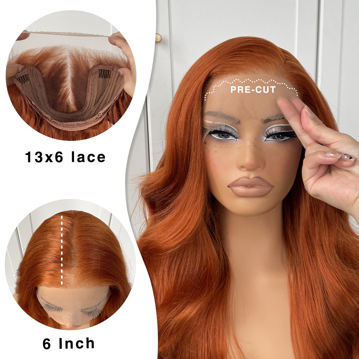 MITIMES 13x6 Glueless Ginger Wig Synthetic Orange HD Lace Front Wig Pre-Plucked Ginger Body Wave Wear And Go Lace Front Wig For Women