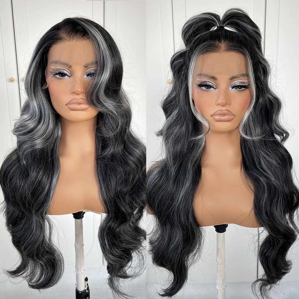 MITIMES 13x6 Skunk Stripe Lace Front Wig Pre-Plucked Black And White Highlight Body Wave HD Lace Front Wig Synthetic Wear And Go Glueless Wig