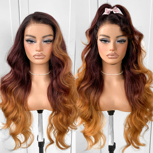 13x6 cherry honey Lace Front Wigs Pre-Plucked Glueless  Body Wave HD Lace Front Wig Synthetic Wear And Go Glueless Wig