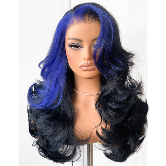 Feather Layered Hair Cuting Style Long 13x6 Synthetic Lace Front Wig Wear and Go Glueless Natural Hairline Blue Skunk Stripe Wig