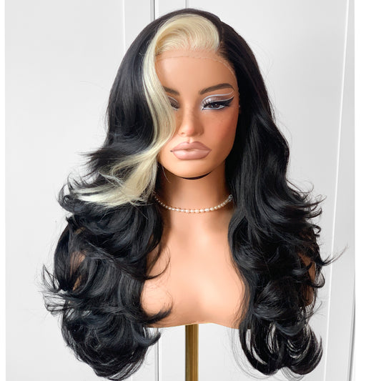 Feather Layered Hair Cuting Style Long 13x6 Synthetic Lace Front Wig Wear and Go Glueless Natural Hairline Skunk Stripe Wig