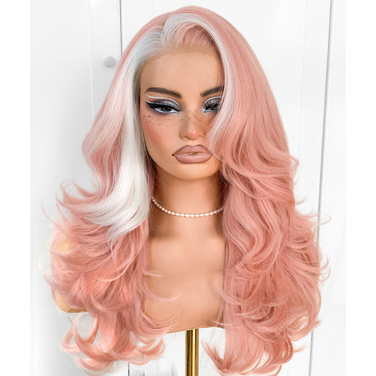Feather Layered Hair Cuting Style Long 13x6 Synthetic Lace Front Wig Wear and Go Glueless Natural Hairline Pink Skunk Stripe Wig