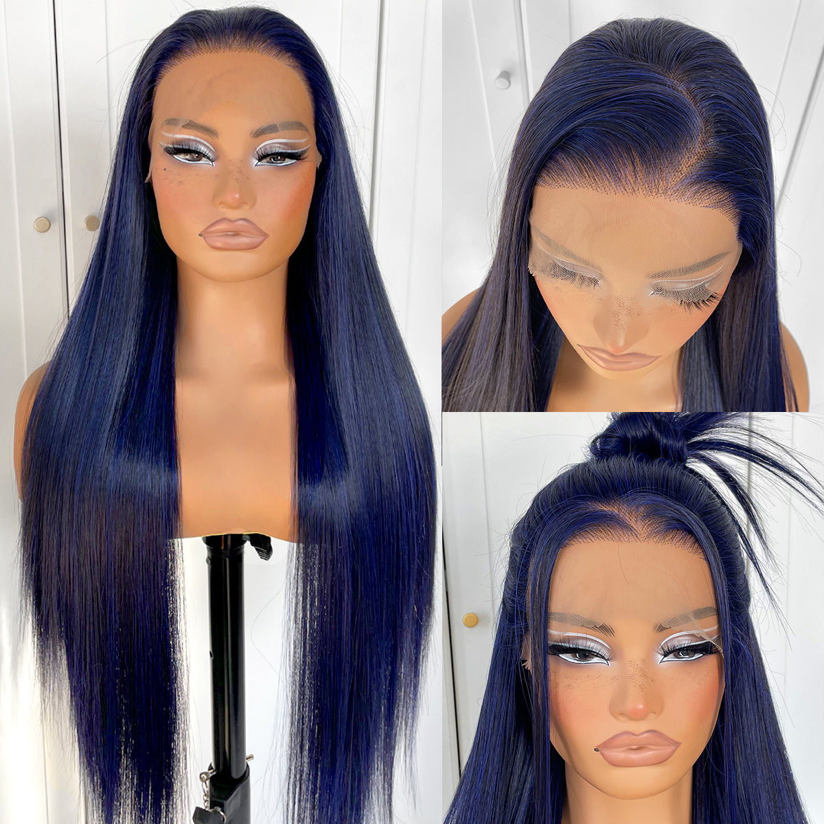 MITIMES 13x6 HD Long Straight Lace Front Wigs White Glueless Straight Hair Lace Front Wig Pre Plucked Yaki Synthetic Blue Lace Front Wig 32inch