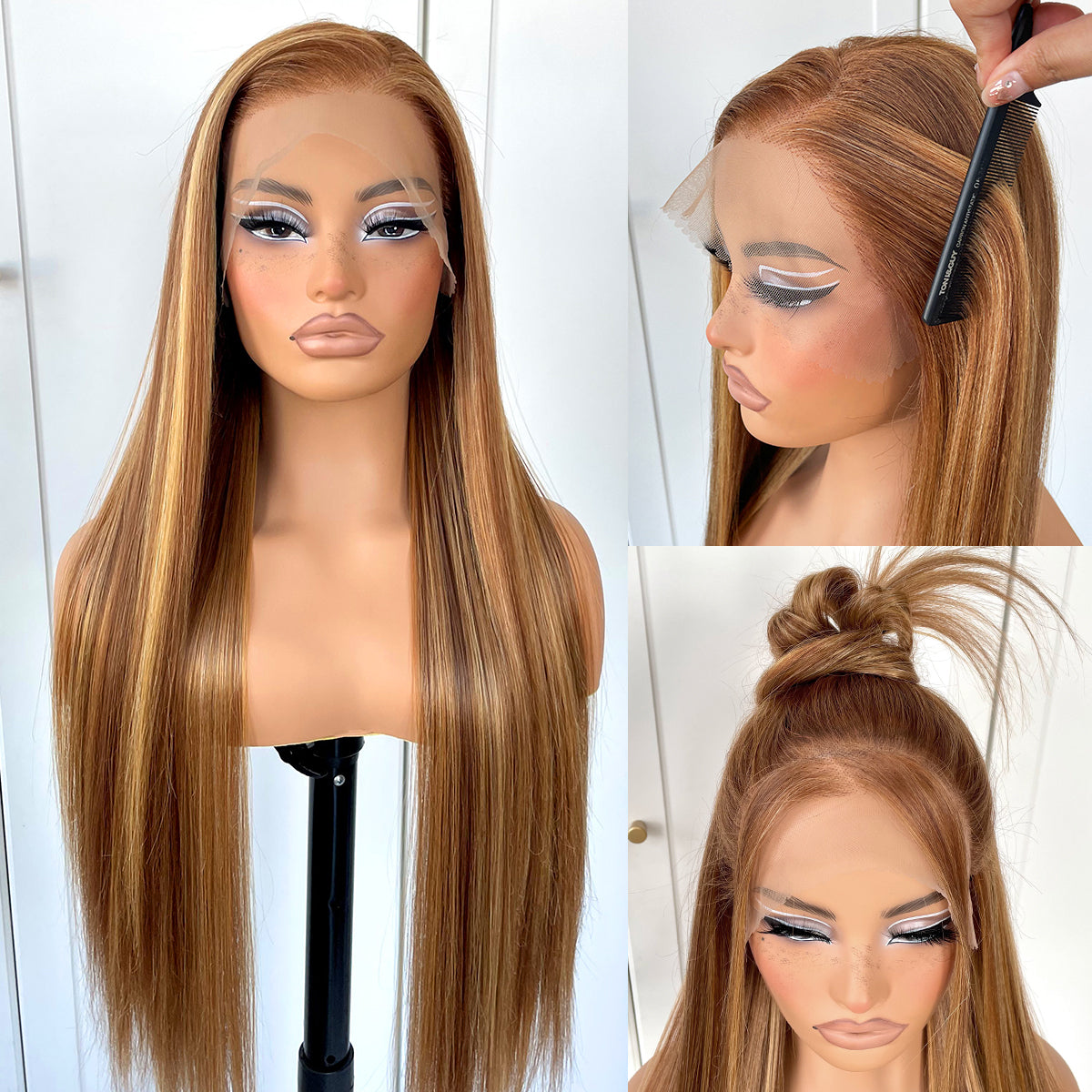 MITIMES 13x6 Highlight Ombre Lace Front Wig Pre Plucked Honey Blonde 4/27 Long Straight HD Lace Front Wigs Yaki Synthetic Glueless Straight Highlight Lace Front Wig 32inch