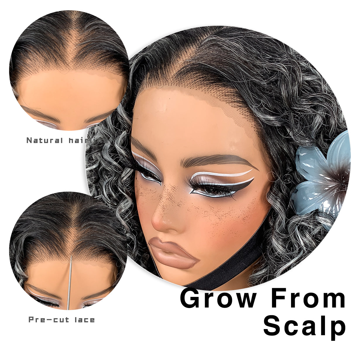 Grey Highlight Curly Wig Wear And Go Glueless Wig Synthetic HD Lace Afro Wig 13x6 Black And White Skunk Stripe Kinky Curly
