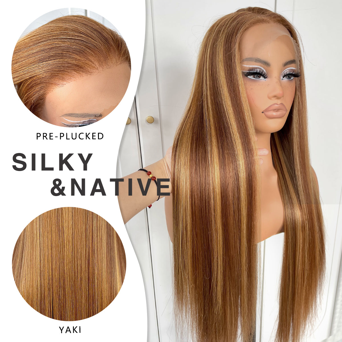 MITIMES 13x6 Highlight Ombre Lace Front Wig Pre Plucked Honey Blonde 4/27 Long Straight HD Lace Front Wigs Yaki Synthetic Glueless Straight Highlight Lace Front Wig 32inch