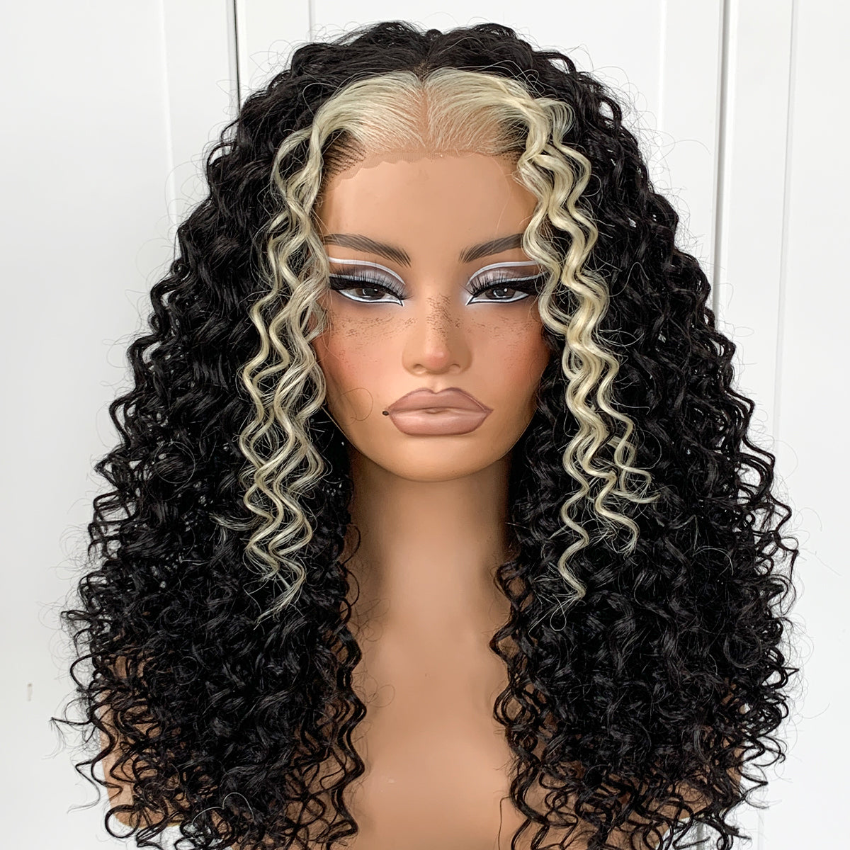 MITIMES 13x6 Skunk Stripe Curly Wig Wear And Go Glueless Wig Synthetic HD Lace Front Afro Wig Pre-Plucked Pre-Cut Afro Curly Layered Wig