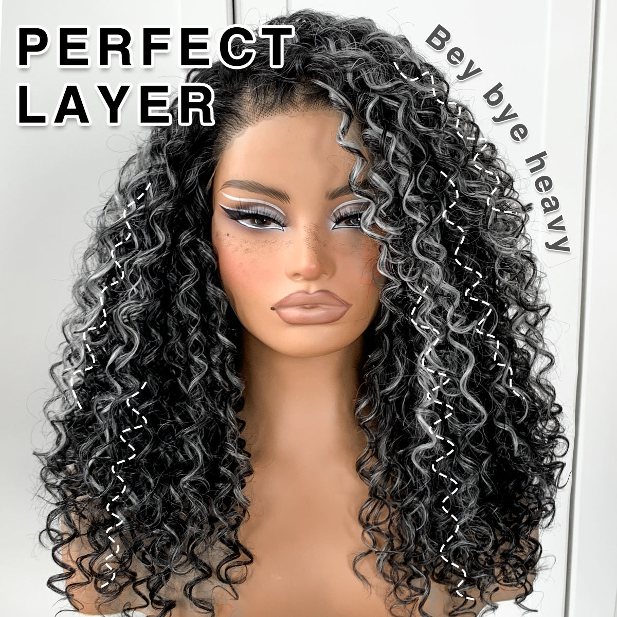 Grey Highlight Curly Wig Wear And Go Glueless Wig Synthetic HD Lace Afro Wig 13x6 Black And White Skunk Stripe Kinky Curly