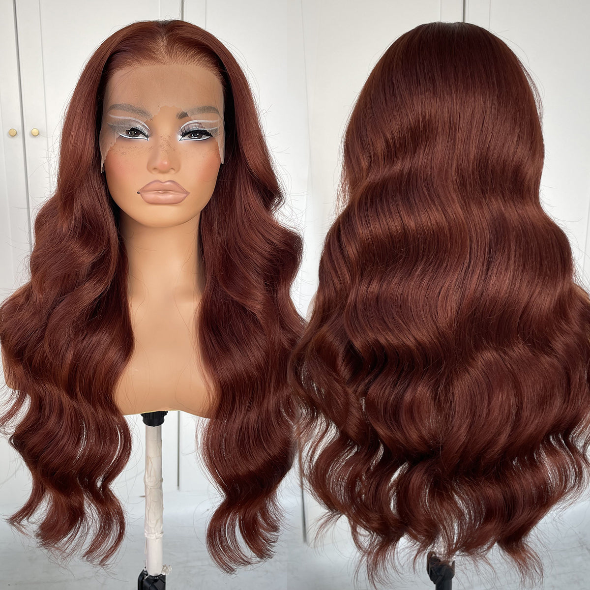 MITIMES 13x6 Glueless Reddish Brown Lace Front Wigs Pre-Plucked Red Brown Body Wave HD Lace Front Wig Synthetic Wear And Go Glueless Wig