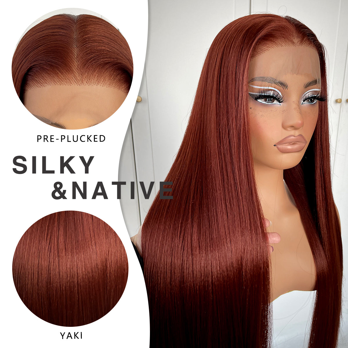MITIMES 13x6 Reddish Brown Lace Front Wig Pre-Plucked Straight HD Lace Front Wig Glueless Synthetic Red Brown Long Straight Lace Front Wig 32inch