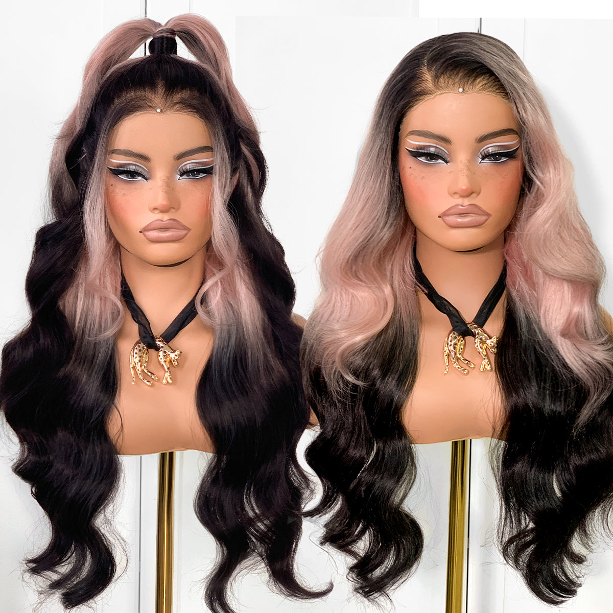 MITIMES 13x6 Black Pink Black Cosplay Wig Glueless Lace Front Wigs Pre Plucked Synthetic Body Wave wig Wear and Go lace front wig for black women