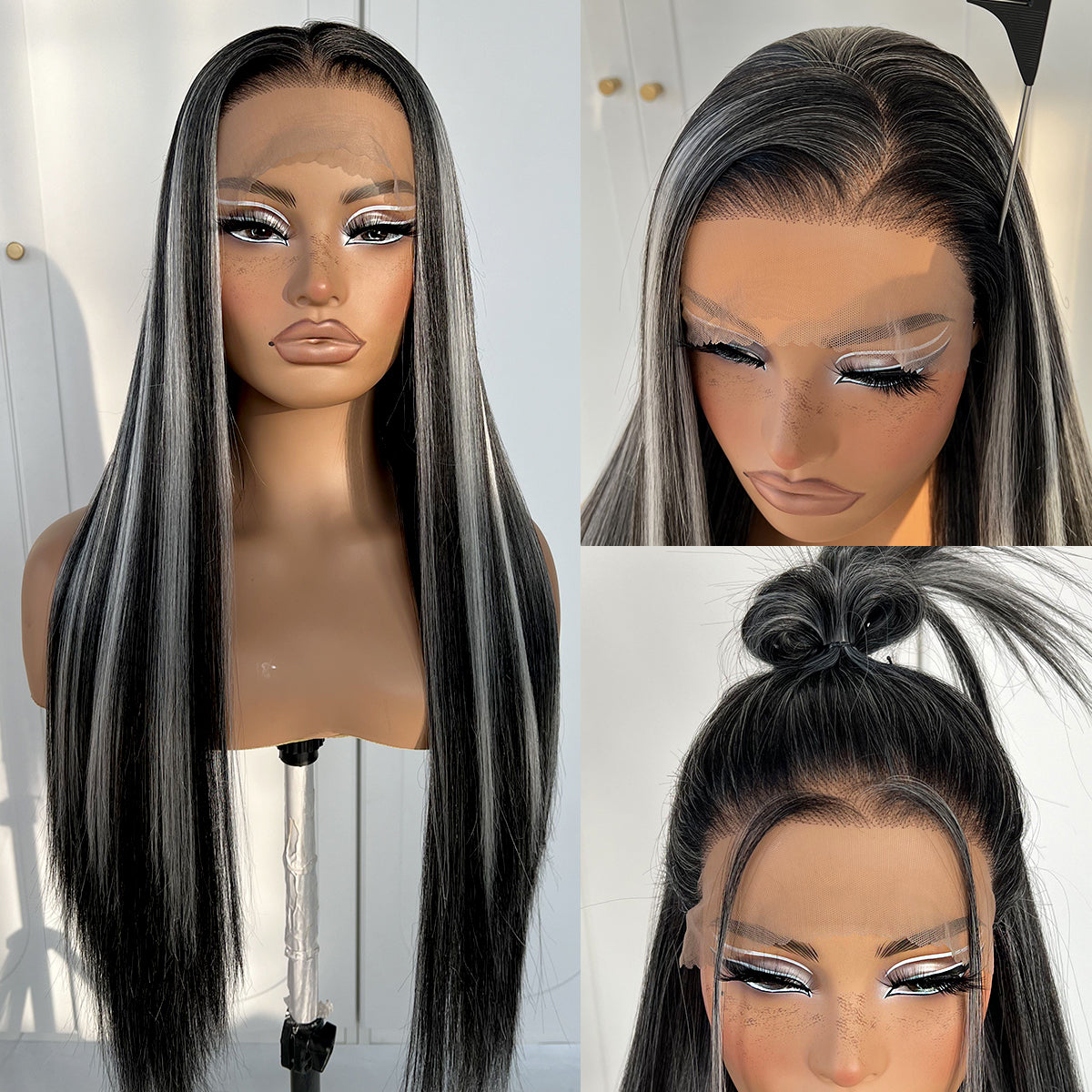 MITIMES 13x6 Glueless Highlight Straight Wig Black And White Highlight Lace Front Wig Pre-Plucked Yaki Synthetic Grey HD Lace Front Wig 32inch