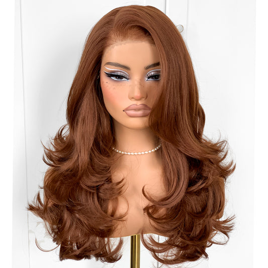 Feather Layered Hair Cuting Style Long 13x6 Synthetic Lace Front Wig Wear and Go Glueless Natural Hairline Chocolate Brown Wig