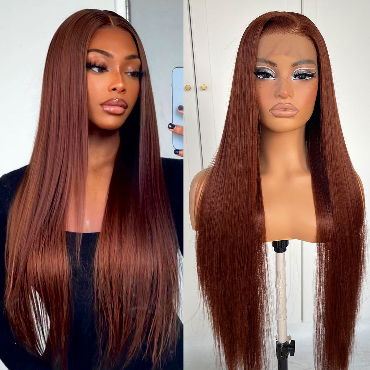MITIMES 13x6 Reddish Brown Lace Front Wig Pre-Plucked Straight HD Lace Front Wig Glueless Synthetic Red Brown Long Straight Lace Front Wig 32inch
