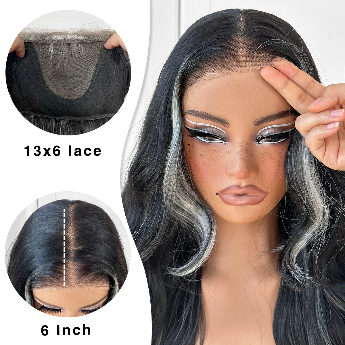 MITIMES 13x6 glueless Lace front wig White Highlights Wavy Wig pre plucked Synthetic Long body wave HD lace front wig Black and White highlight Wavy Wig with natural hair line