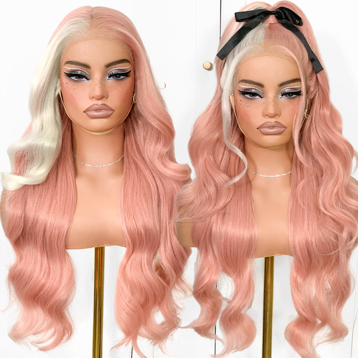 MITIMES 13x6 Pink Skunk Stripe Cosplay Wig Glueless Lace Front Wigs Pre Plucked Synthetic Body Wave wig Wear and Go lace front wig for black women