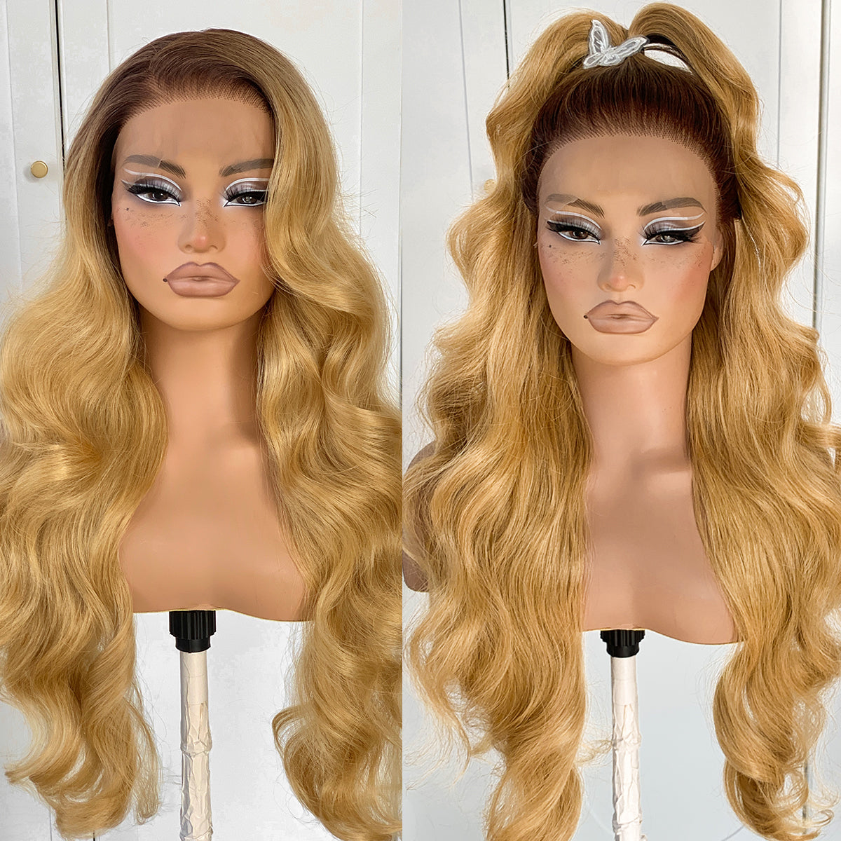 MITIMES 13x6 Blonde Ombre Lace Front Wig Pre-plucked Honey Blonde And Brown Body Wave Wig Synthetic Wear And Go Glueless Wig 26 Inch