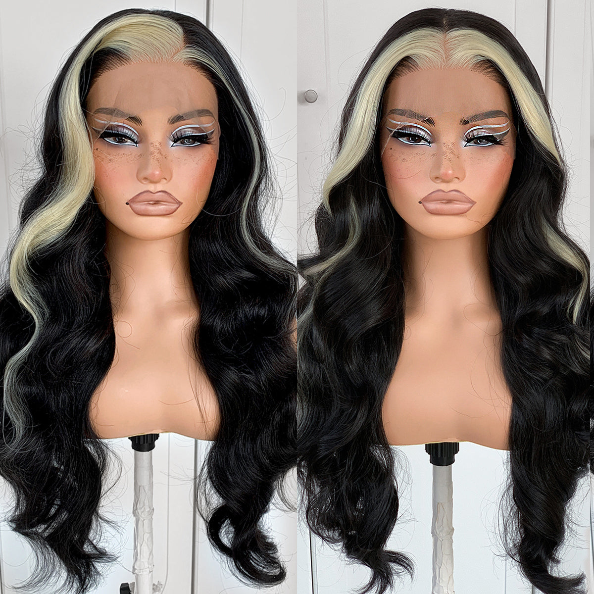 MITIMES 13x6 Skunk Stripe Wig Glueless Middle Skunk Stripe Body Wave Lace Front Wigs Pre Plucked Synthetic Long Highlights Wear and Go lace front wig
