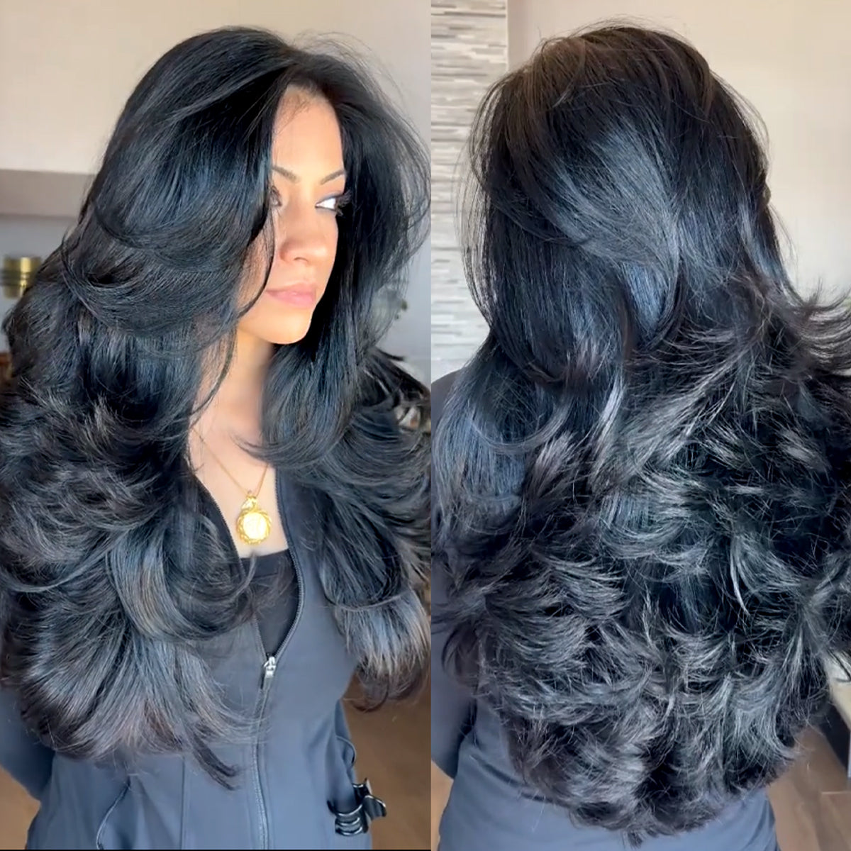 MITIMES Dark Blue Voluminous Feather Layered Hair Flip Out Preplucked Precision-Precut-cut Ready-to-Go Glueless 13x6 HD Synthetic Lace Front Wig