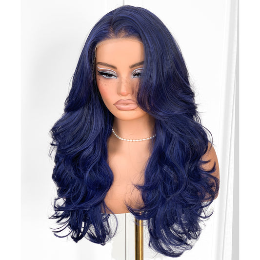 MITIMES Dark Blue Voluminous Feather Layered Hair Flip Out Preplucked Precision-Precut-cut Ready-to-Go Glueless 13x6 HD Synthetic Lace Front Wig