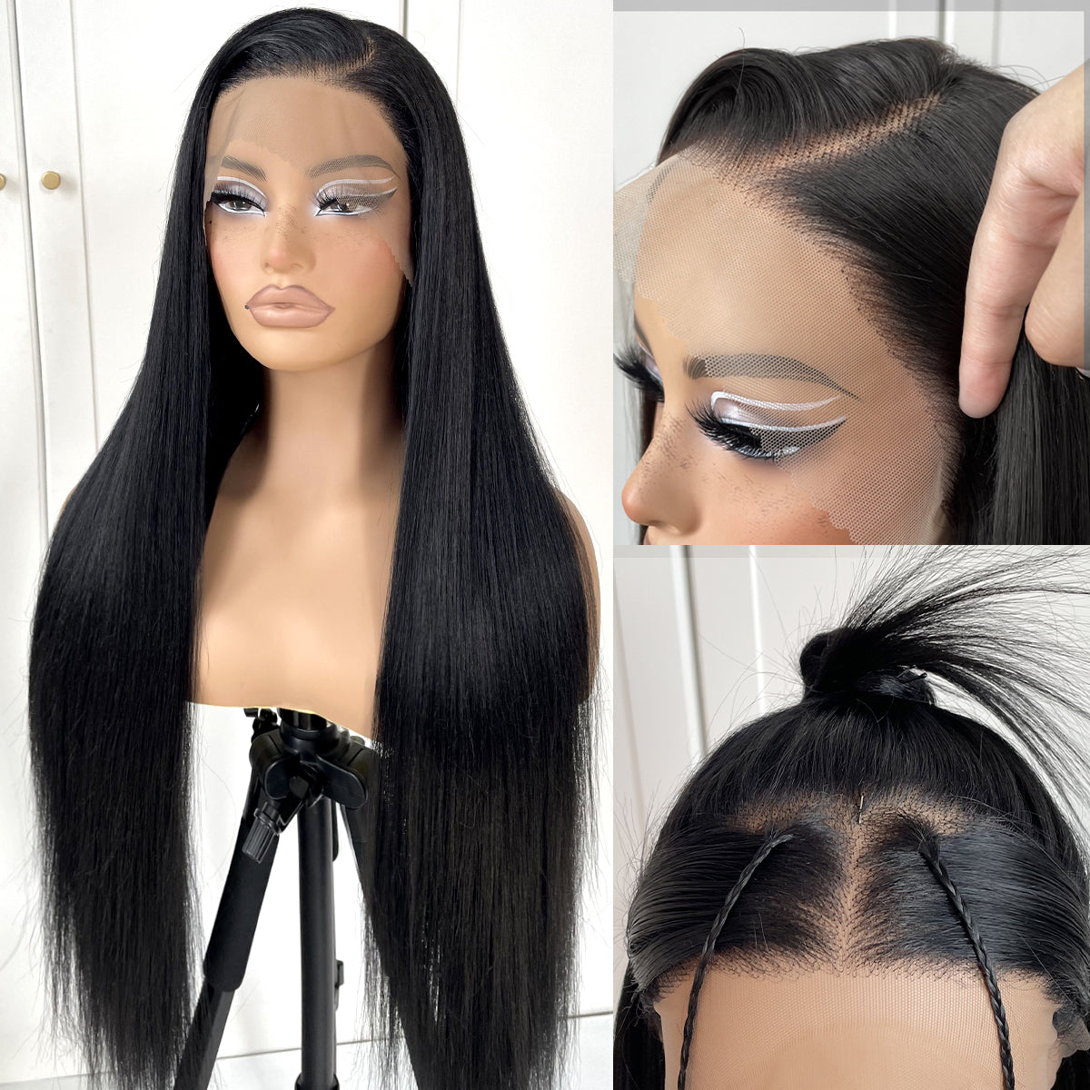 MITIMES 13x6 Long Straight Lace Front Wigs Natural Black Glueless Straight Hair Lace Front Wig Pre Plucked Yaki Synthetic HD Lace Front Wig 32inch