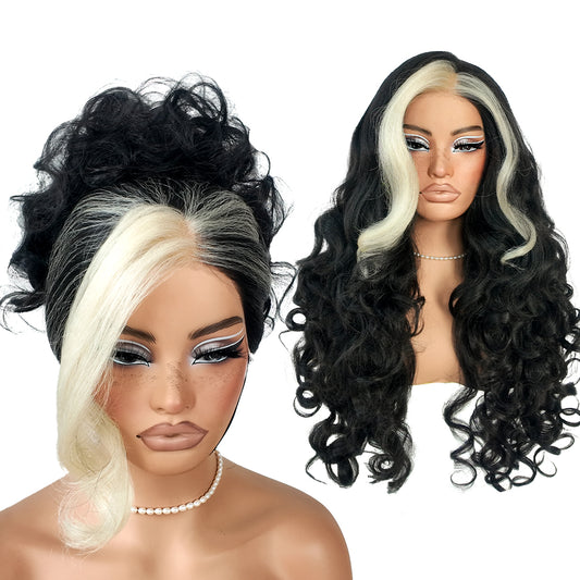 MITIMES 13x6 Skunk Stripe Wig Glueless Crazy Body Wave Lace Front Wigs Pre Plucked Synthetic Yaki Highlights Wear And Go Wig Pre-Cut