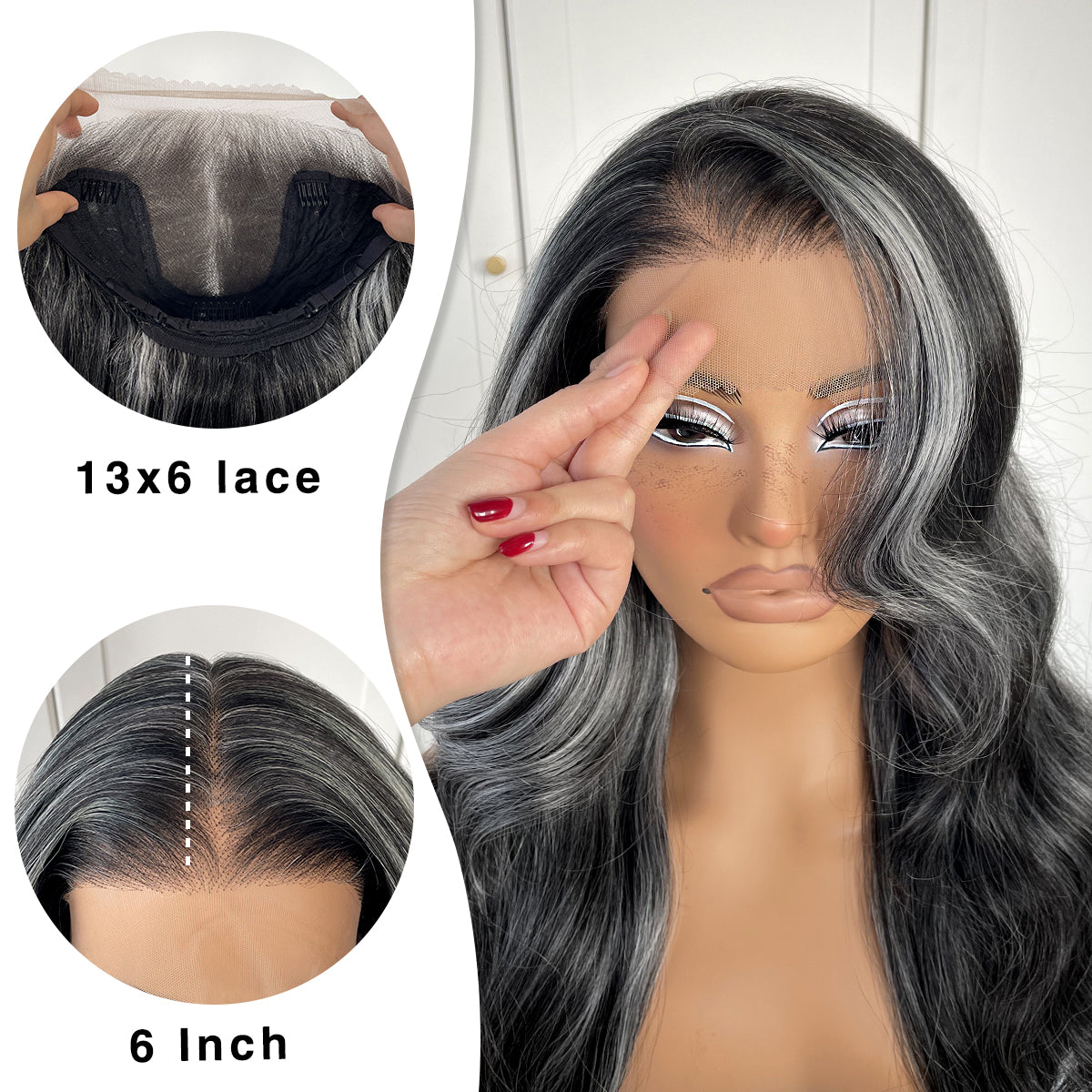 MITIMES 13x6 Skunk Stripe Lace Front Wig Pre-Plucked Black And White Highlight Body Wave HD Lace Front Wig Synthetic Wear And Go Glueless Wig