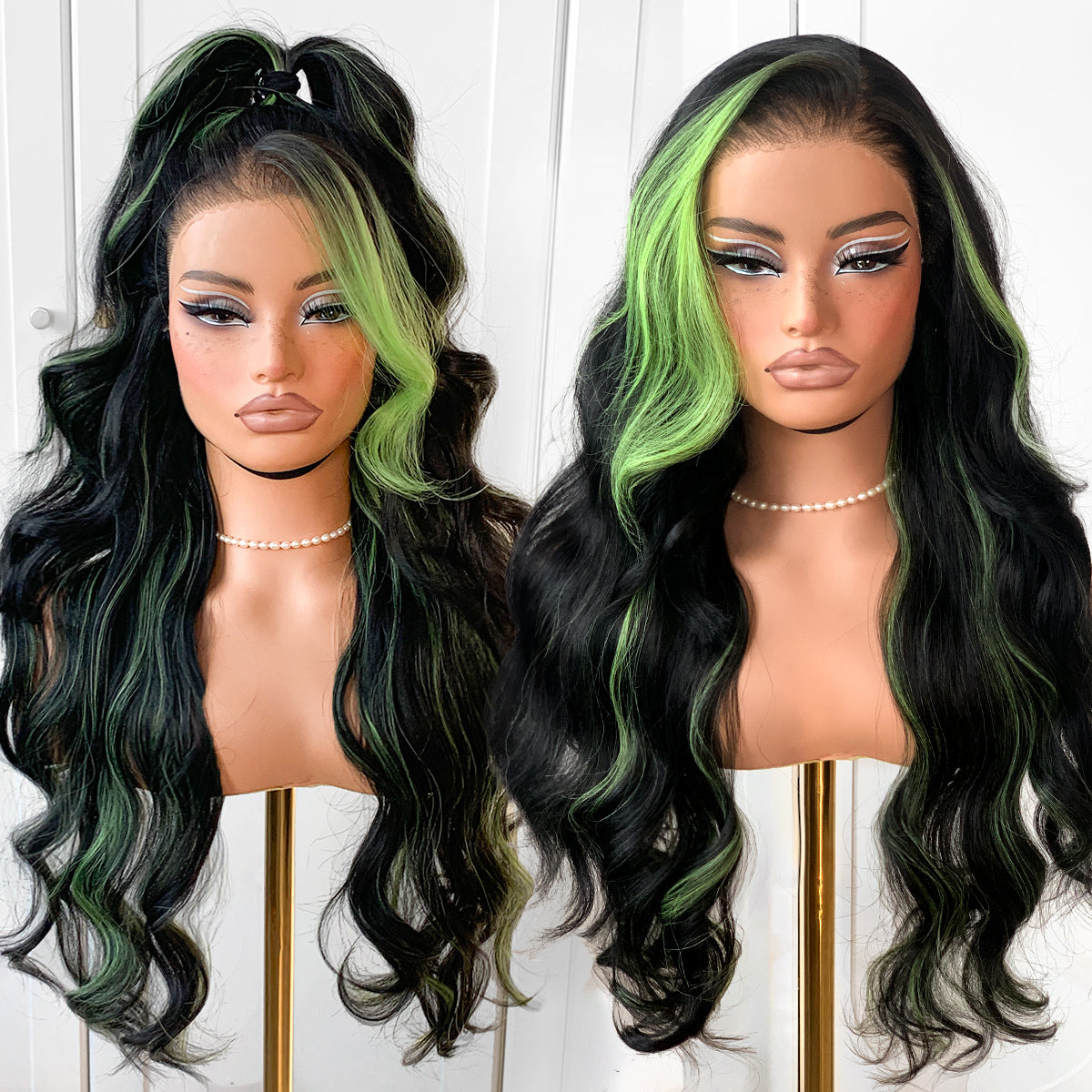 MITIMES Halloween 13x6 Green Skunk Stripe Cosplay Wig Glueless Lace Front Wigs Pre Plucked Synthetic Body Wave wig Wear and Go lace front wig for black women
