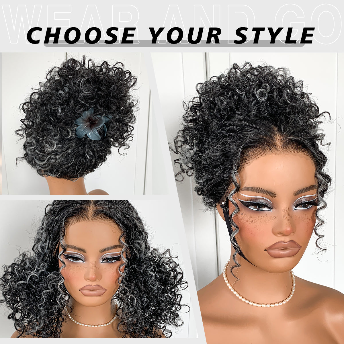 Grey Highlight Curly Wig Wear And Go Glueless Wig  Synthetic HD Lace Afro Wig 13x6 Black And White Skunk Stripe Kinky Curly