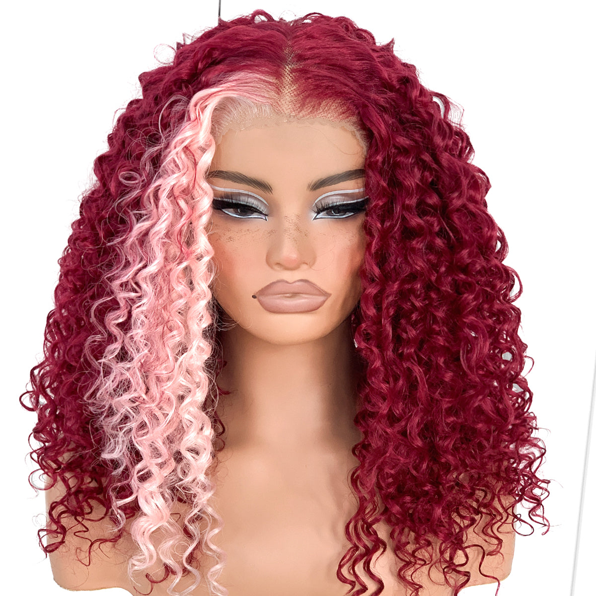 99j Burgundy BUG Skunk Curly Wig Skunk Strip HD Lace Front Wig Pre-Plucked Wear And Go Glueless Afro Wig Synthetic Orange Kinky Curly Layered Wig