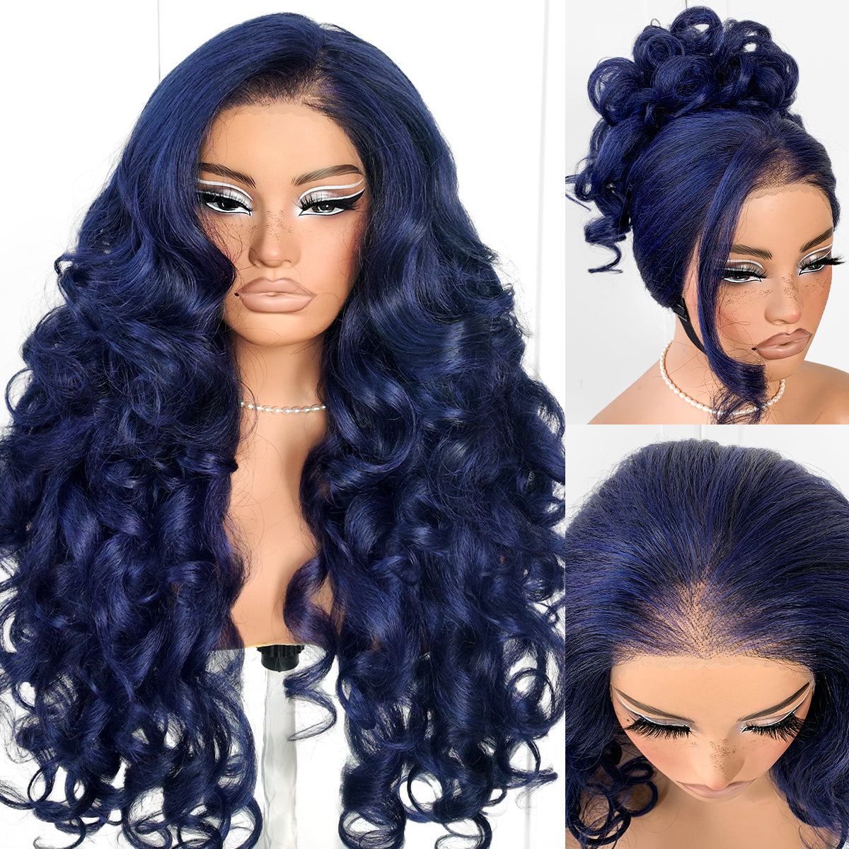 MITIMES 1Wear And Go Blue Lace Wig Pre-Plucked Glueless Yaki Crazy Body Wave Wig Pre-cut Synthetic Dark Blue Balayage HD Lace Front Wig 13x6