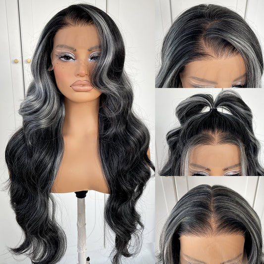 MITIMES 13x6 Skunk Stripe Lace Front Wig Pre-Plucked Black And White Highlight Body Wave HD Lace Front Wig Synthetic Wear And Go Glueless Wig