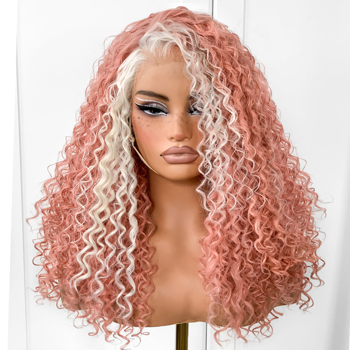 Pink Skunk Stripe Curly Wig Wear And Go Glueless Pre-Plucked Synthetic HD Lace Frontal Wig 13x6 Afro Wig  Kinky Curly