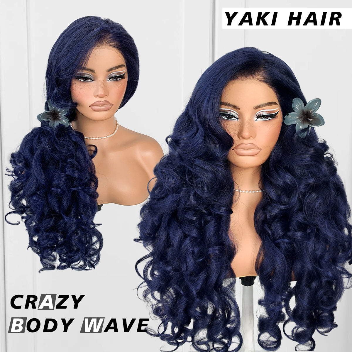 MITIMES 1Wear And Go Blue Lace Wig Pre-Plucked Glueless Yaki Crazy Body Wave Wig Pre-cut Synthetic Dark Blue Balayage HD Lace Front Wig 13x6