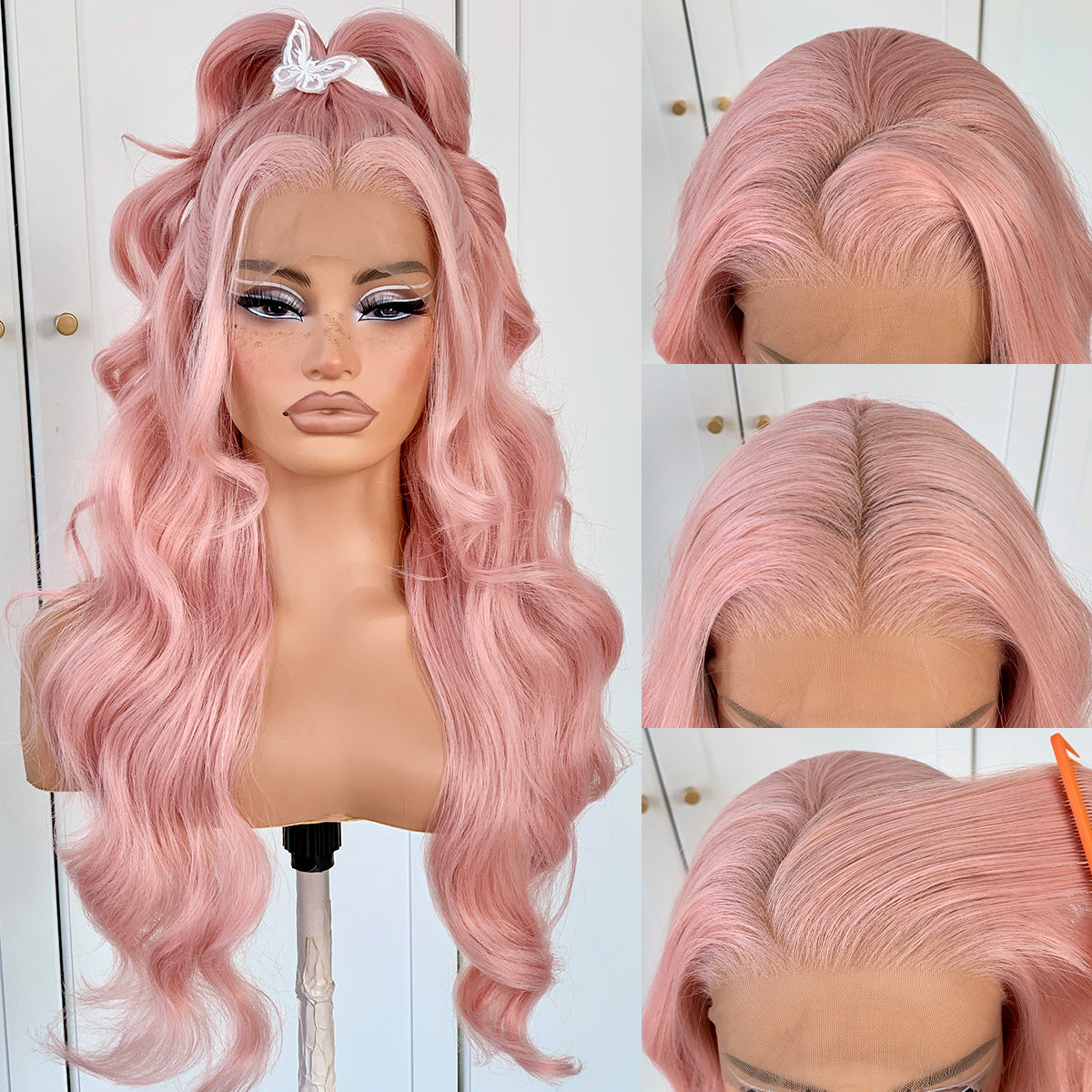 13x6 Pink Wigs Glueless HD Lace Front Wigs Pre Plucked Synthetic Body Wave Wear And Go Lace Front Wig For Cosplay Party Light Pink Wig With Natural Hairline For Fashion Women