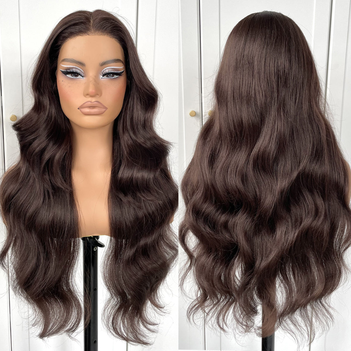 MITIMES 13x6 chocolate brown wig Glueless HD Lace Front Wig Pre plucked Synthetic Long body wave lace front wig Wear and Go HD Lace Front Wig