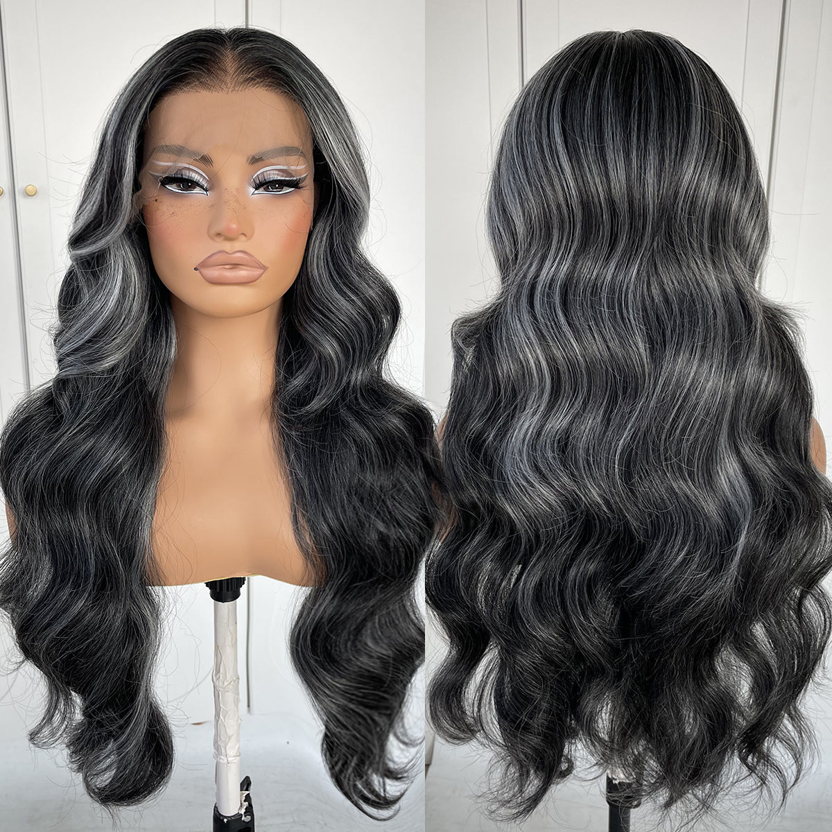 MITIMES 13x6 Skunk Stripe Lace Front Wig Pre-Plucked Black And White Highlight Body Wave HD Lace Front Wig Synthetic Wear And Go Glueless Wig