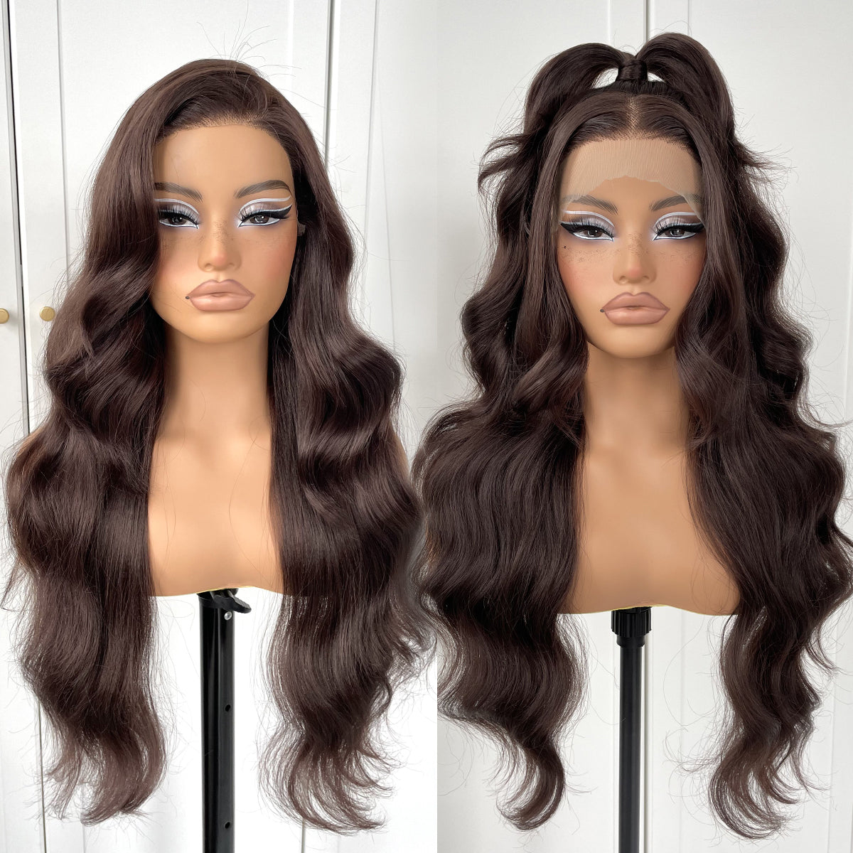 MITIMES 13x6 chocolate brown wig Glueless HD Lace Front Wig Pre plucked Synthetic Long body wave lace front wig Wear and Go HD Lace Front Wig