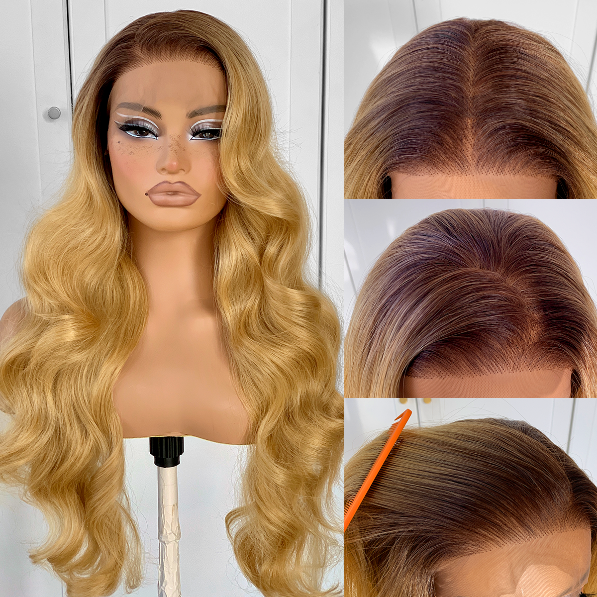 MITIMES 13x6 Blonde Ombre Lace Front Wig Pre-plucked Honey Blonde And Brown Body Wave Wig Synthetic Wear And Go Glueless Wig 26 Inch