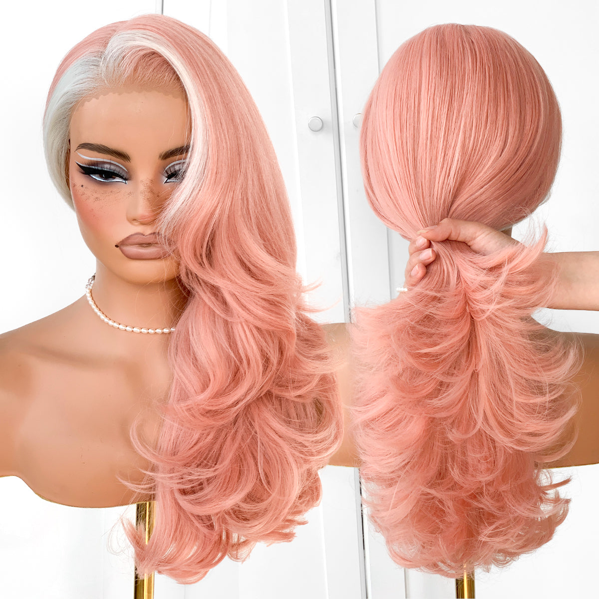 Feather Layered Hair Cuting Style Long 13x6 Synthetic Lace Front Wig Wear and Go Glueless Natural Hairline Pink Skunk Stripe Wig