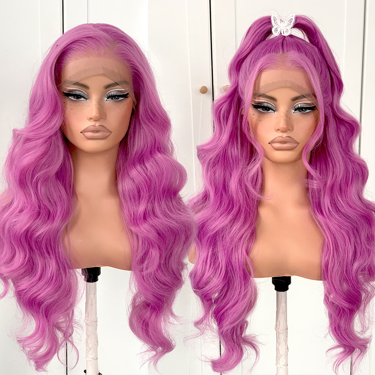 MITIMES 13x6 Pink Purple Wig Lavender Lace Front Wig Pre Plucked Glueless Long Body Wave HD Lace Front Wig Synthetic Lace Front Wig For Cosplay Party