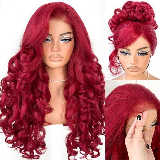 MITIMES 13x6 Glueless Red HD Lace Front Wig Pre-Cut Synthetic Lace Front Wig Pre-Plucked Wear And Go Yaki Crazy Body Wave Wig 99j Burgundy