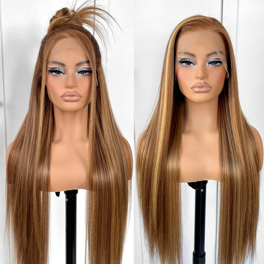 MITIMES 13x6 Highlight Ombre Lace Front Wig Pre Plucked Honey Blonde 4/27 Long Straight HD Lace Front Wigs Yaki Synthetic Glueless Straight Highlight Lace Front Wig 32inch