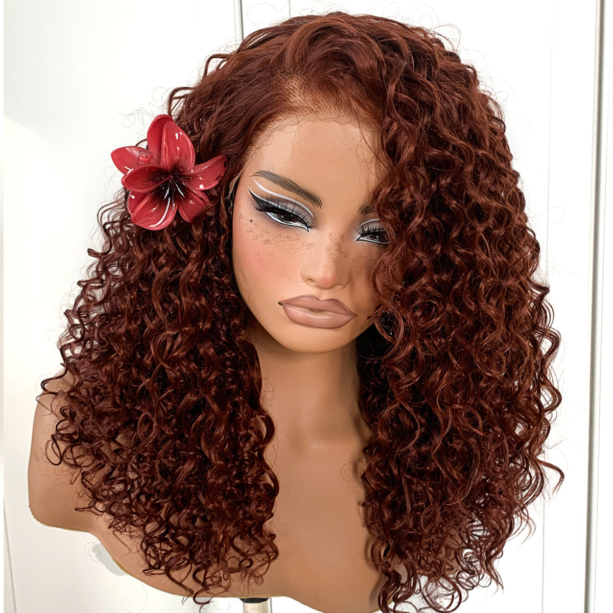 Reddish Brown HD Lace Curly Wig Wear And Go Glueless Wig Pre-Plucked Synthetic Lace Frontal Wig 13x6 Kinky Afro Curly With Layer 18 Inch