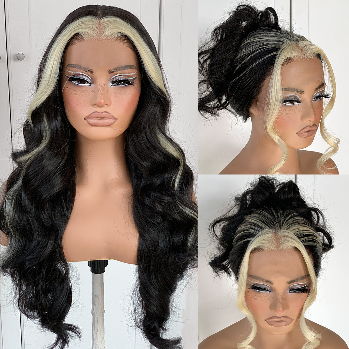 MITIMES 13x6 Skunk Stripe Wig Glueless Middle Skunk Stripe Body Wave Lace Front Wigs Pre Plucked Synthetic Long Highlights Wear and Go lace front wig