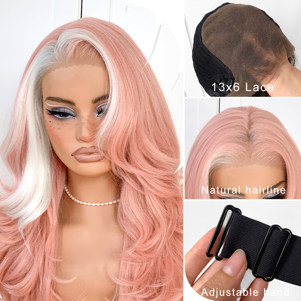 Feather Layered Hair Cuting Style Long 13x6 Synthetic Lace Front Wig Wear and Go Glueless Natural Hairline Pink Skunk Stripe Wig