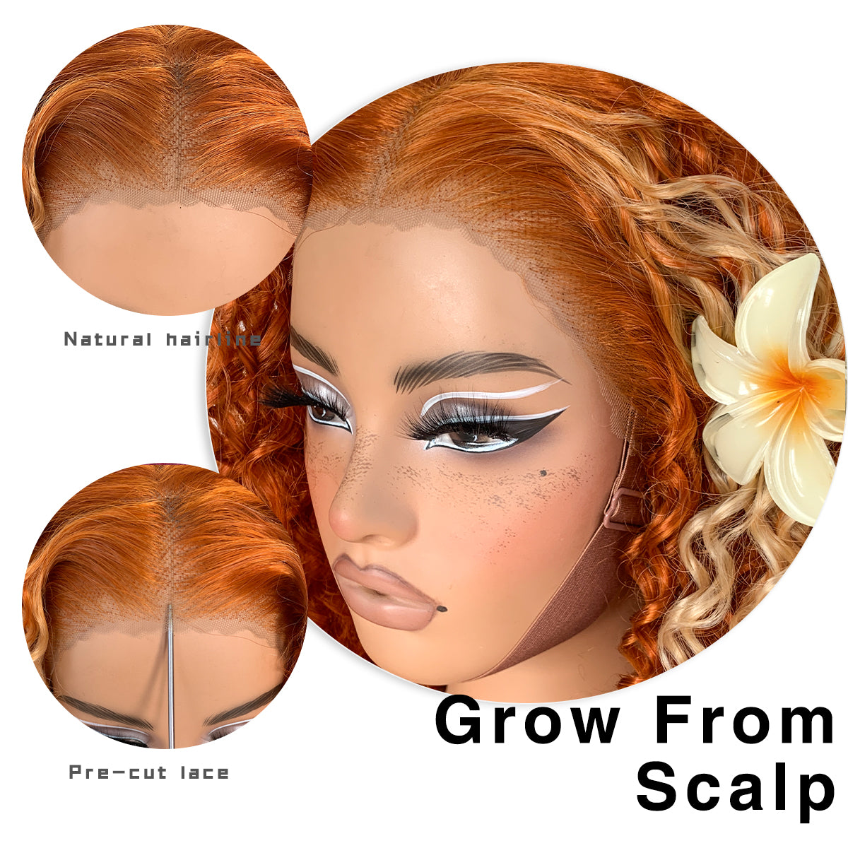 Ginger Curly Wig Skunk Strip HD Lace Front Wig Pre-Plucked Wear And Go Glueless Afro Wig Synthetic Orange Kinky Curly Layered Wig